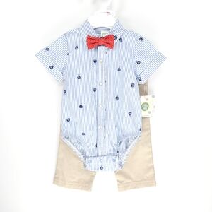 NWT Little Me Set Baby Boy Sailboat Khaki Spring Blue Striped Outfit Bowtie